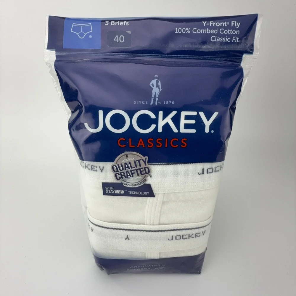 Jockey Classics Mens 3 Pack Briefs White Combed Cotton Y-Front Fly‎ Size 40 9950